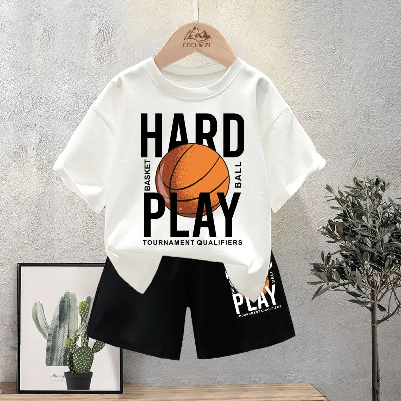 Summer fun basketball printed casual short sleeved T-shirt and shorts, children's fashionable cotton sports set