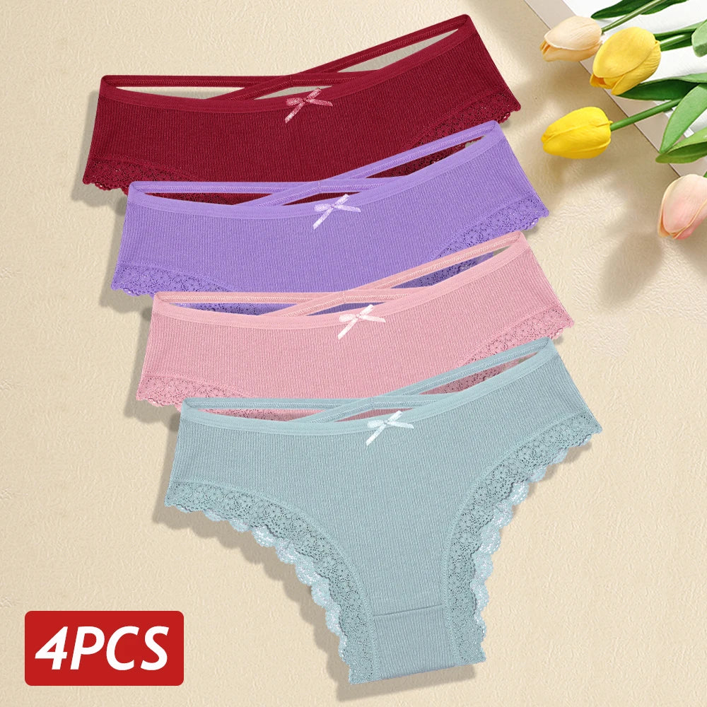 4PCS/Set Women Cotton Panties Sexy Lace Braizlian Panties Low Rise Hollow Out Underwear for Female Cute Bow Breathable Lingerie
