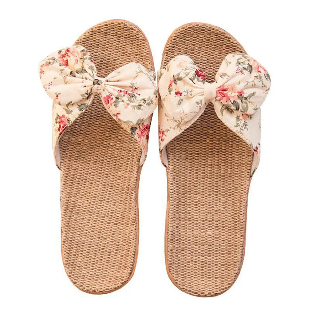 Shoes For Woman Sandalias Mujer Women Female Bowknot Flax Linen Flip Flops Beach Shoes Sandals Slipper Chaussures Femme