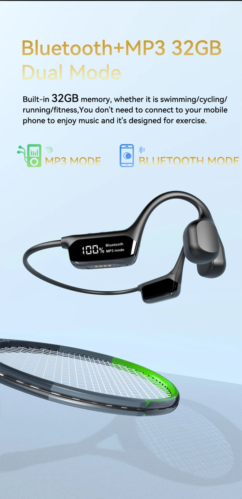 Bluetooth 5.4 Bone Conduction Wireless Headphones LED Display 32GB MP3 Player IPX8 Waterproof Swimming Sports HIFI Music Headset