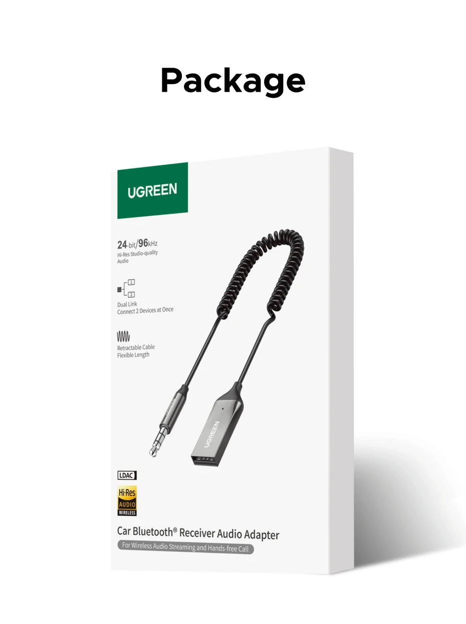 UGREEN Bluetooth 6.0 5.4 Handsfree Adapter Bluetooth 3.5mm AUX Music Navigation Streaming Microphone for Calls Car