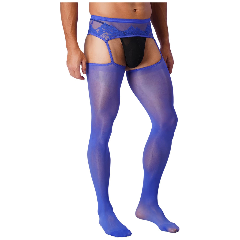 Lingerie Mens Ultra Thin Mesh Leggings Gays Pantyhose Floral Lace See Through Underpants Garter Stockings for Night Dating Wear