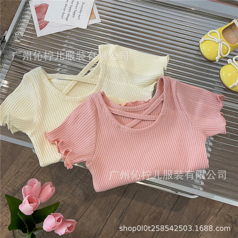 Summer Girls T-Shirt Kids Short Sleeved Thin Soft Tops Simple Solid Color Casual Children Clothing 2-6 Years Sweet Shirtthing