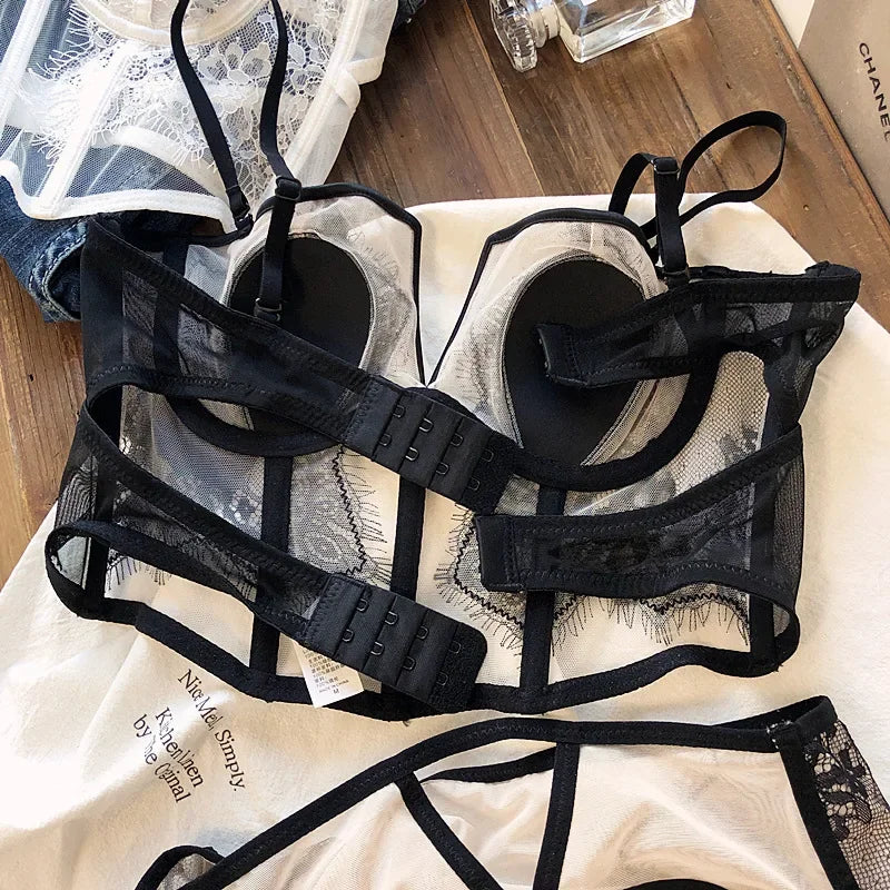 Sexy fishbone vest bra panty set eyelashes lace perspective soft steel ring anti-sagging underwear women bralette