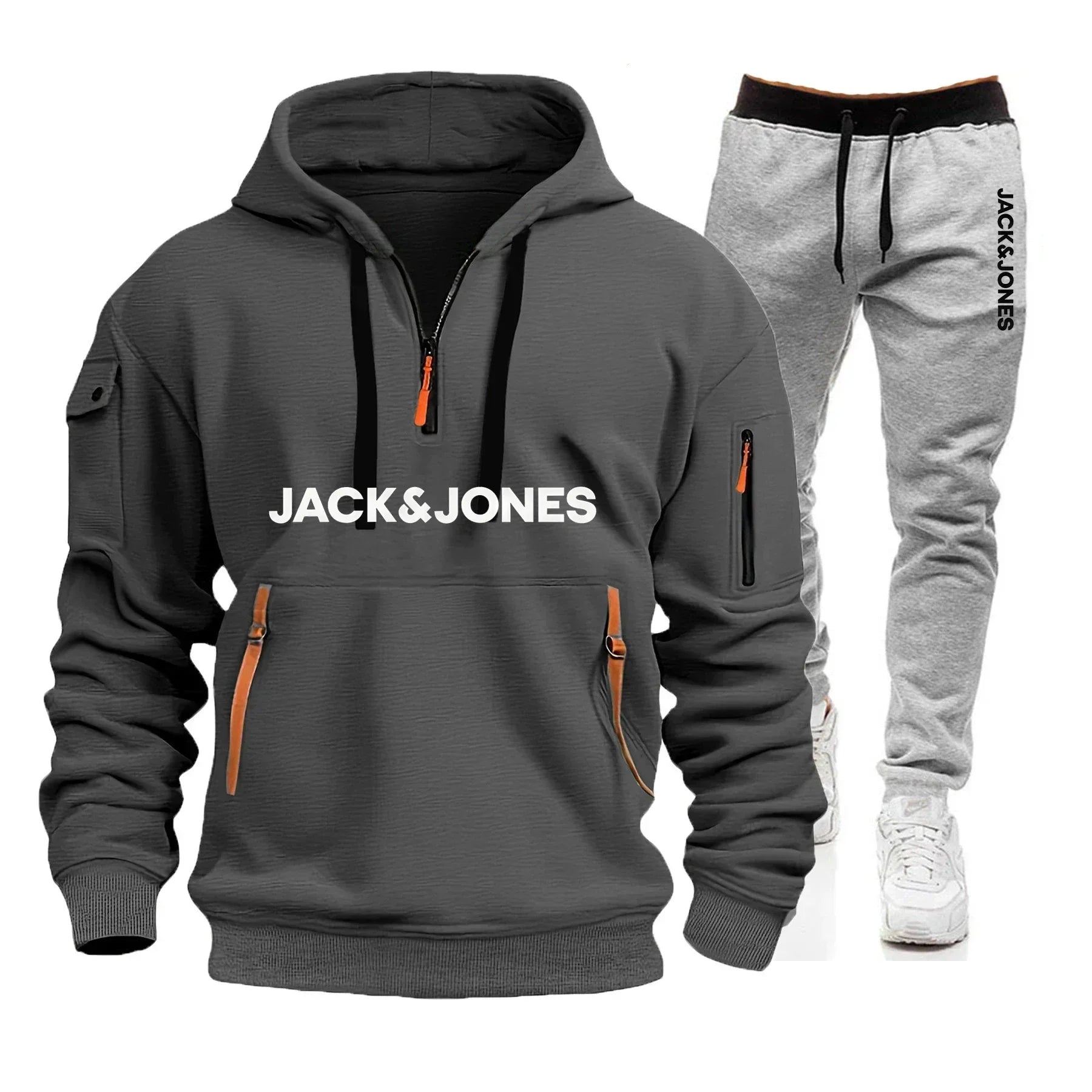 A two-piece outdoor fashion jogging and fitness set for men in autumn and winter, featuring a hooded sweatshirt and casual pants