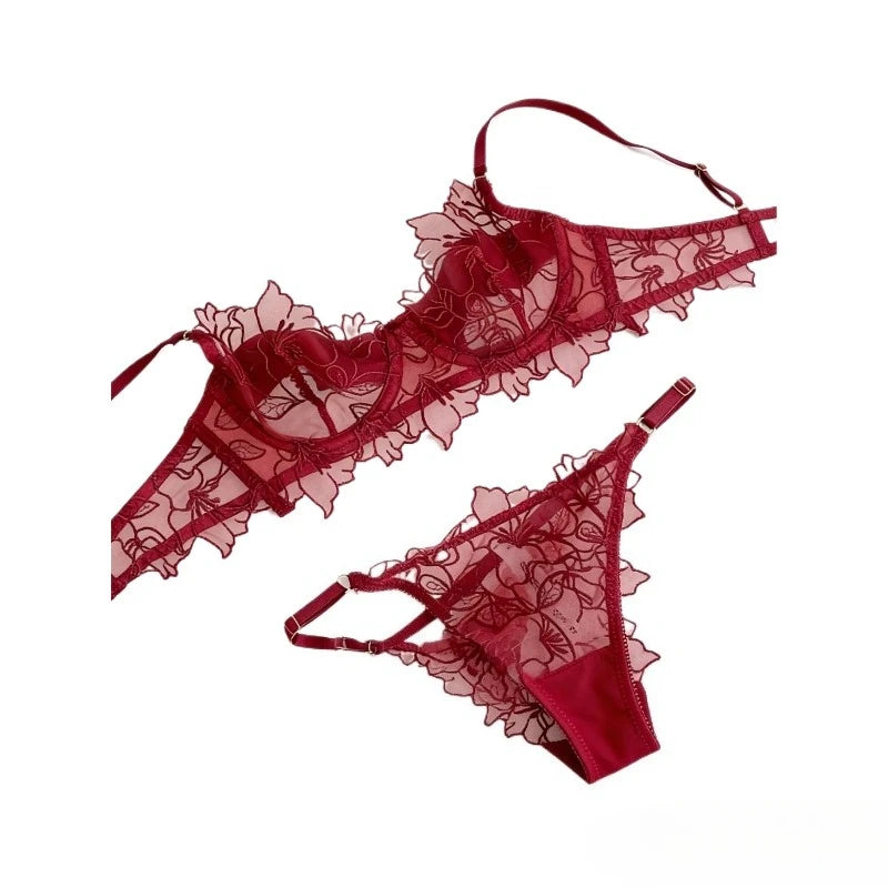 Padded Bra Set Small Bust | Lace Embroidered & Mesh Underwear Set with Soft Underwire, Comfortable Demi Cup Sexy Tushy Panty PP