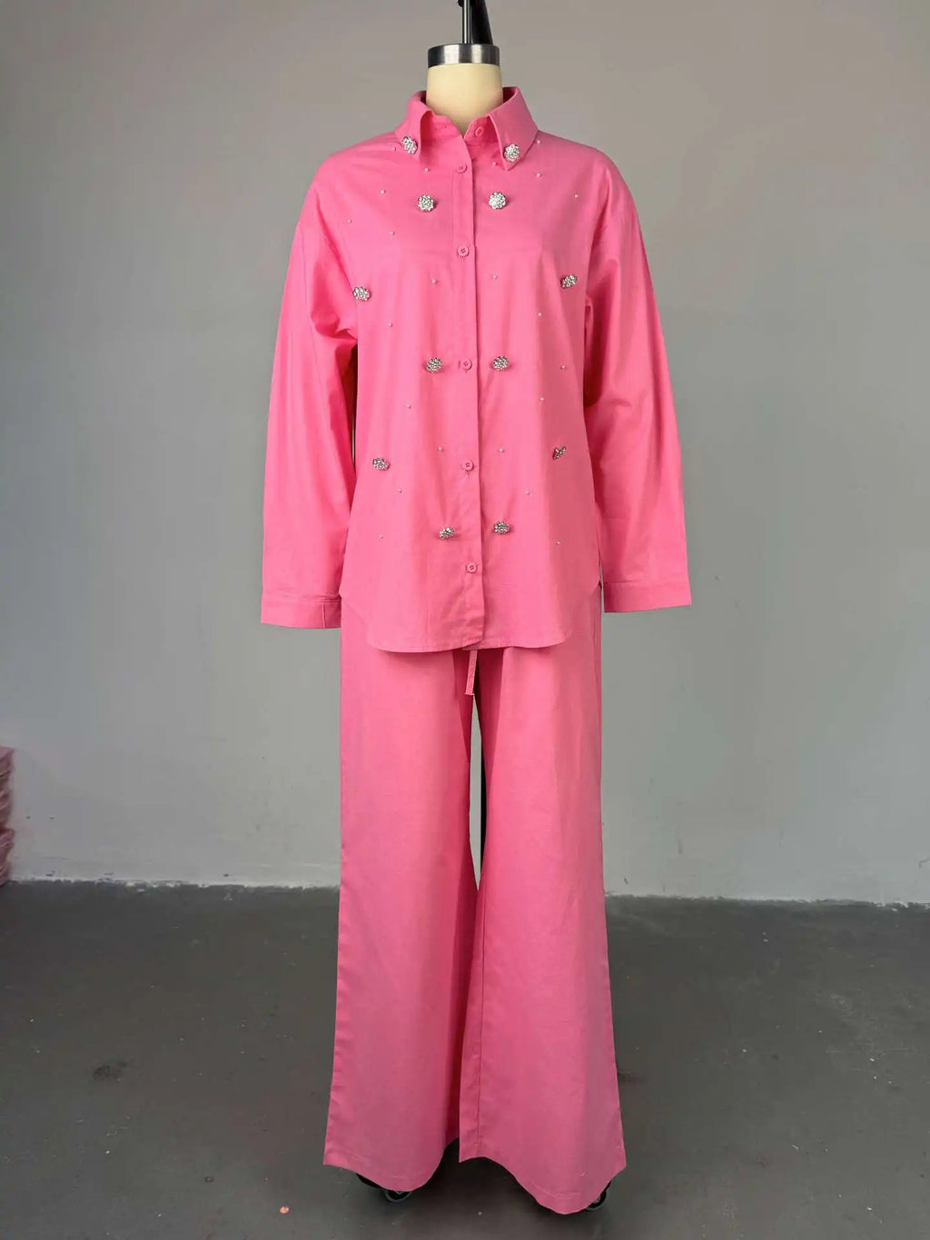 Pant Set Women Two Piece Sets Beaded Turn Down Collar Full Sleeve Shirt Single Breasted Wide Leg Long Pants Elastic Waist 2026