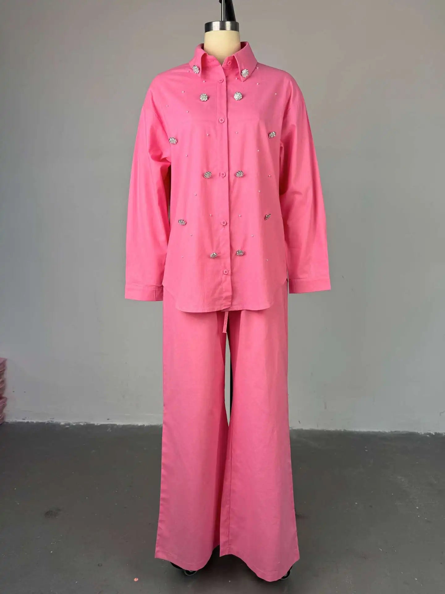 Pant Set Women Two Piece Sets Beaded Turn Down Collar Full Sleeve Shirt Single Breasted Wide Leg Long Pants Elastic Waist 2026
