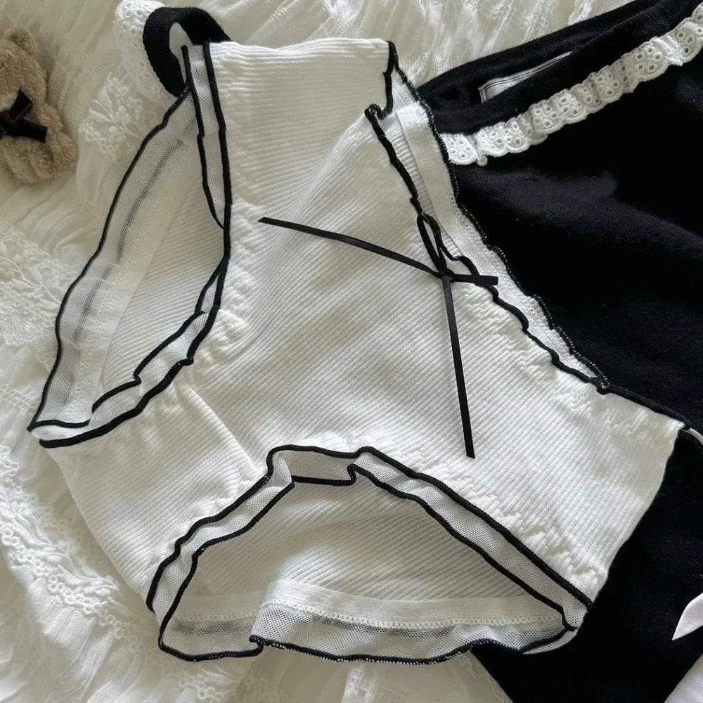 Lingerie Mid-waist Underwear for Women Ruffle Stripe Sweet Cotton Panties Underpants Dots Bow Briefs Girl