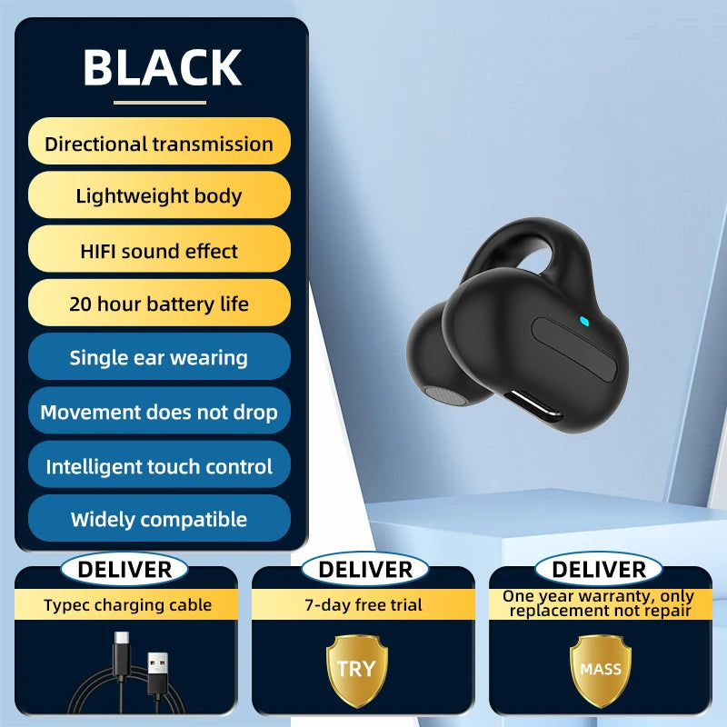 Bluetooth earphones, single ear clip on design, comfortable to wear, small and convenient in terms of bone conduction