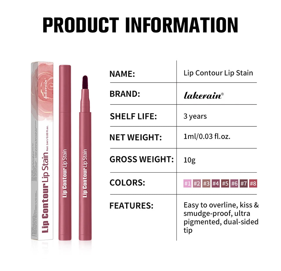 2-in-1 Lip Contour Lip Stain Pen Smudge-proof Non-stick Cup Moisturizing Lip Makeup Cosmetic Dual-Sided Tip Lip Stain & Liner