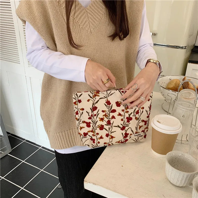 Cosmetic Bag Women Floral Makeup Case Organizer Korean Embroidery Cosmetic Pouch Travel Toiletry Bag Corduroy Canvas Beauty Case