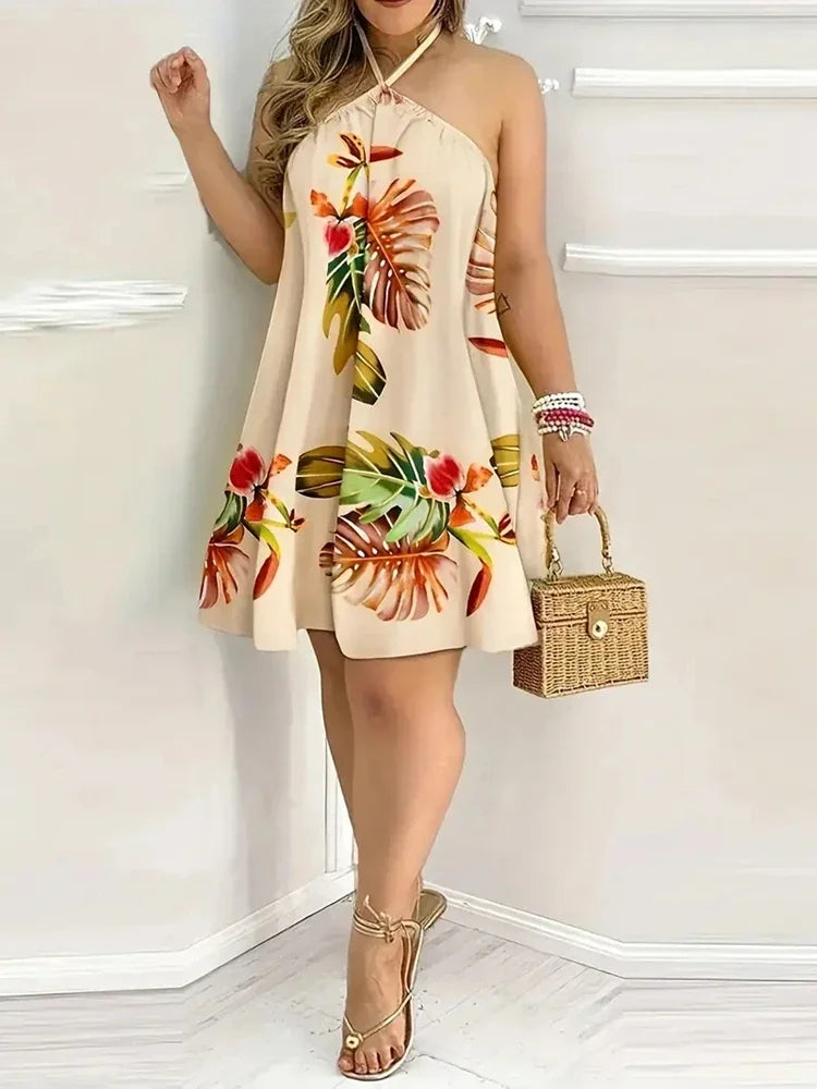 Summer Plus Size 1XL-5XL Women's Fashion Elegant Floral Print Halter Loose Dress Ladies Casual Sleeveless Summer Beach Dress
