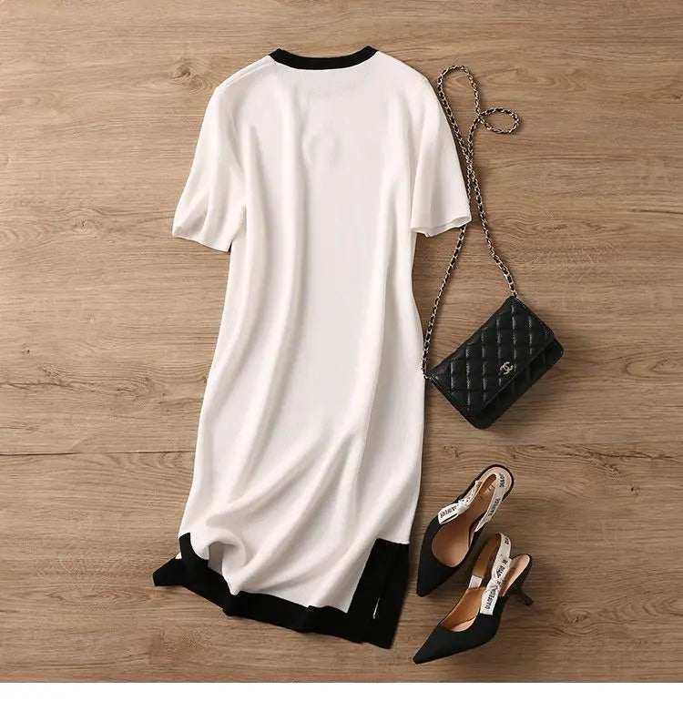 Summer Dresses Ladies 2023 Luxury Designer Rose Embroidery Split T shirt Long Ice Silk Straight Maternity Dress Women's Clothing