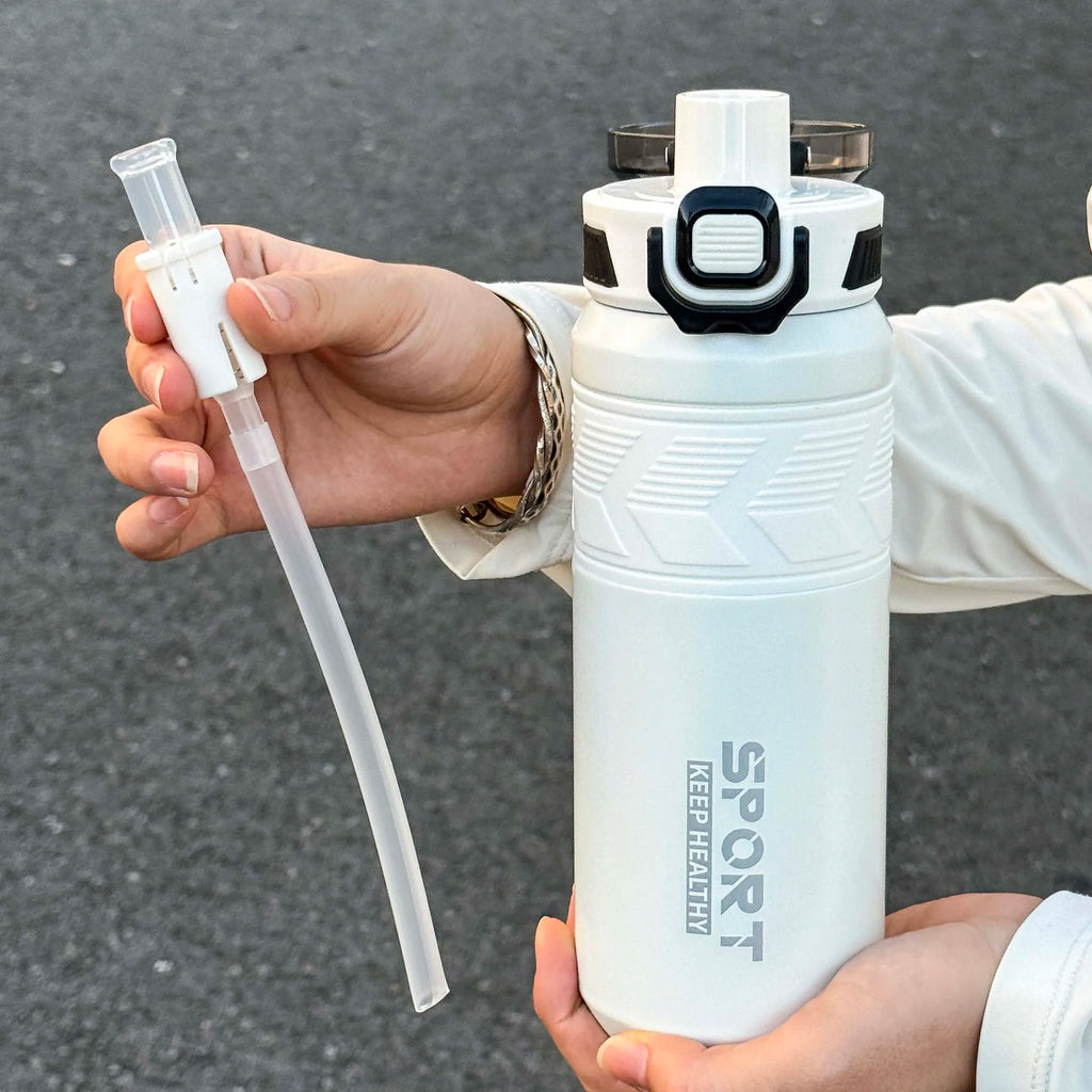 1pc trendy stainless steel thermos cup 650ml, fashionable dual-drinking thermal water bottle, portable with handle for outdoor