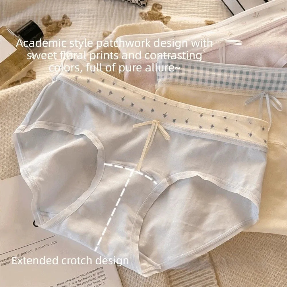Lingerie Mid-waist Underwear for Women Bow Patchwork Women's Sweet Panties Large Size Underpants Cotton Briefs Lady