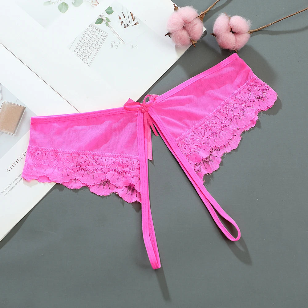 Sexy Female Llingerie  Sexy Lingerie Women's Panties Crotch Opening Transparent G-strings Thongs Hollow Out Solids Bowknot Under
