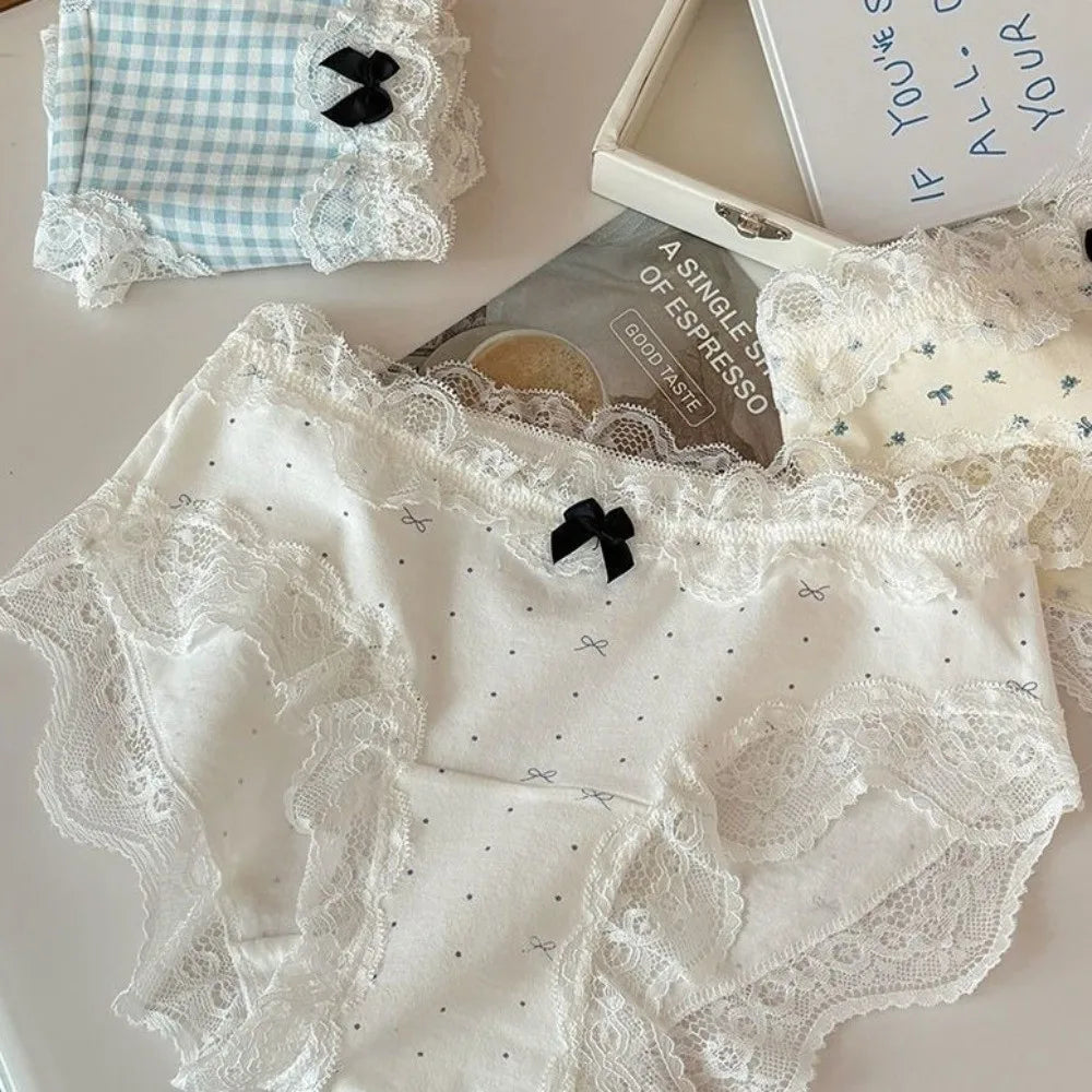 Lingerie Mid Waist Sweet Lace Panties Tulip Bow Underwear for Women Polka Dot Grid Floral Cotton Pnaties Female