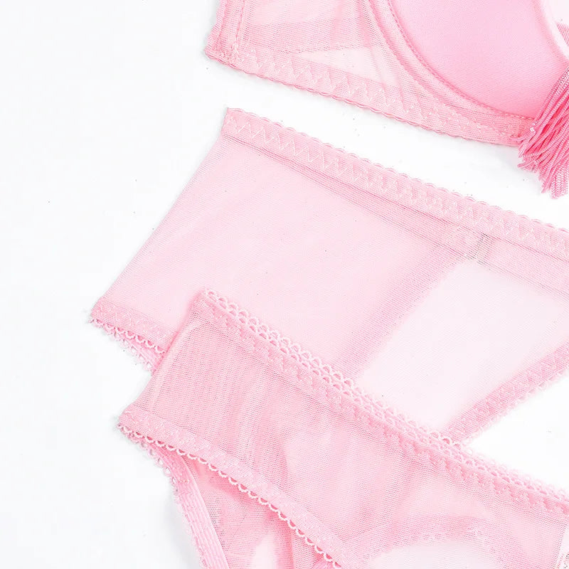 Bra Set Breast revealing deep V-shaped binding strap tassel hollow out sexy lingerie sexy set diamond girl bra and panties sets