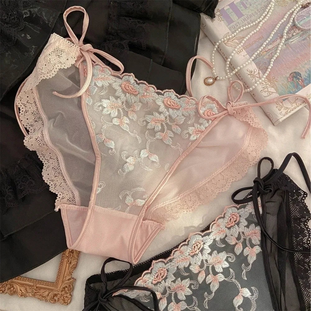 Lingerie Low Waist Embroidery Flower Panties Transparent Sweet Underwear for Women Cotton Crotch Mesh Lace Briefs Girl