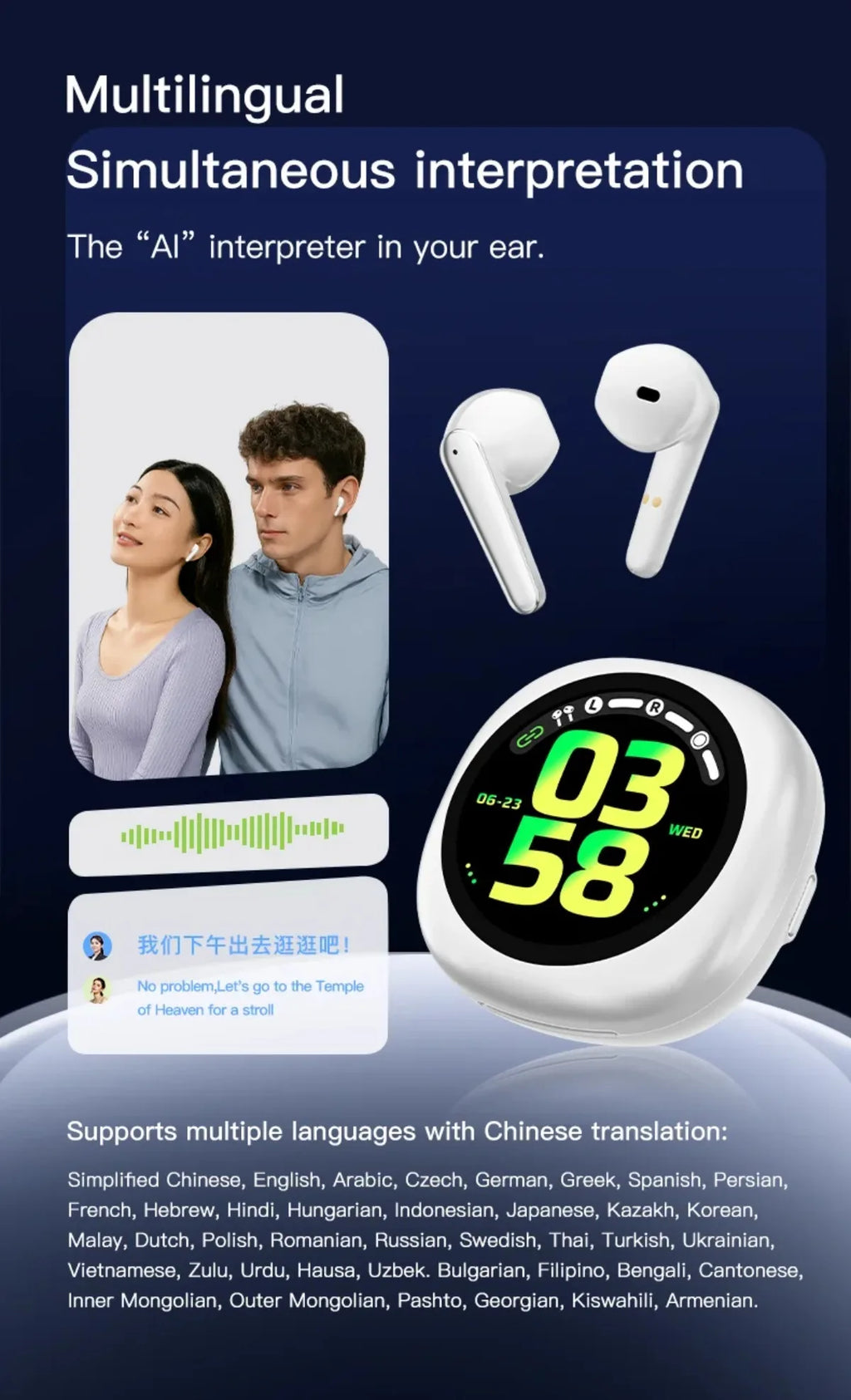 Wireless Bluetooth Translation Headphones with Touch Screen ANC ENC Noise Cancellation 164 Languages Translator Lifetime Free