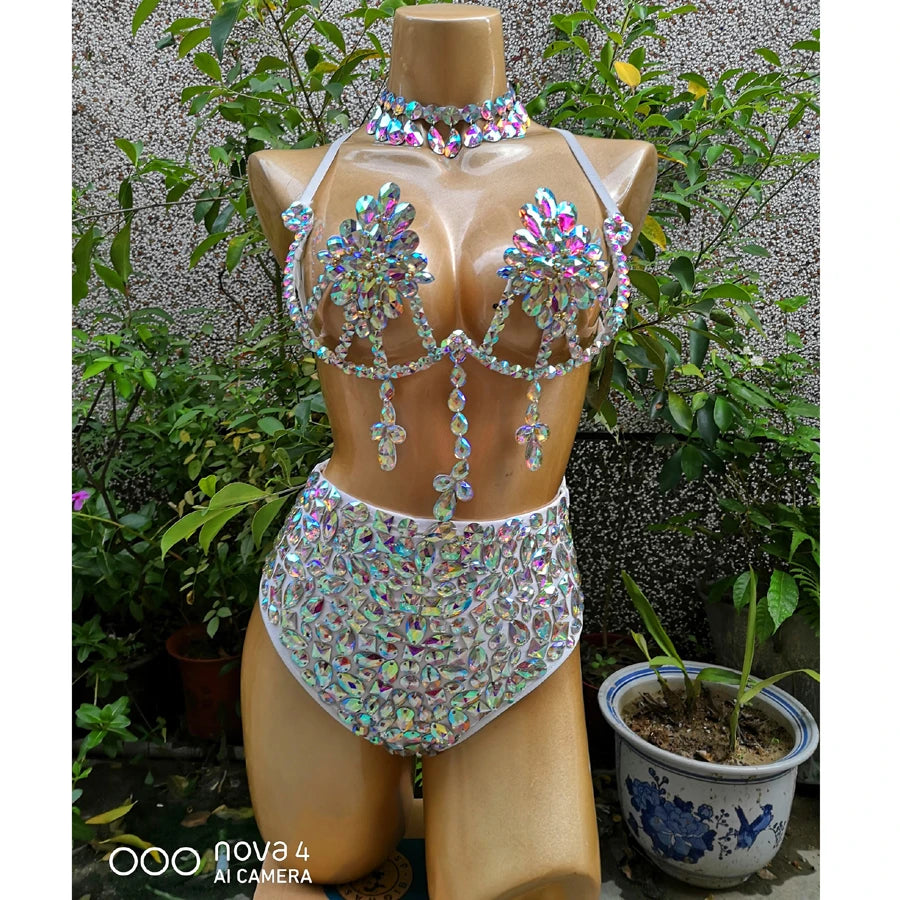 New Women Belly Dancing Wire Bra Top High Waist Pants Samba Carnival Costume Set For Hot Girl Nightclub Stage Dancer Wears