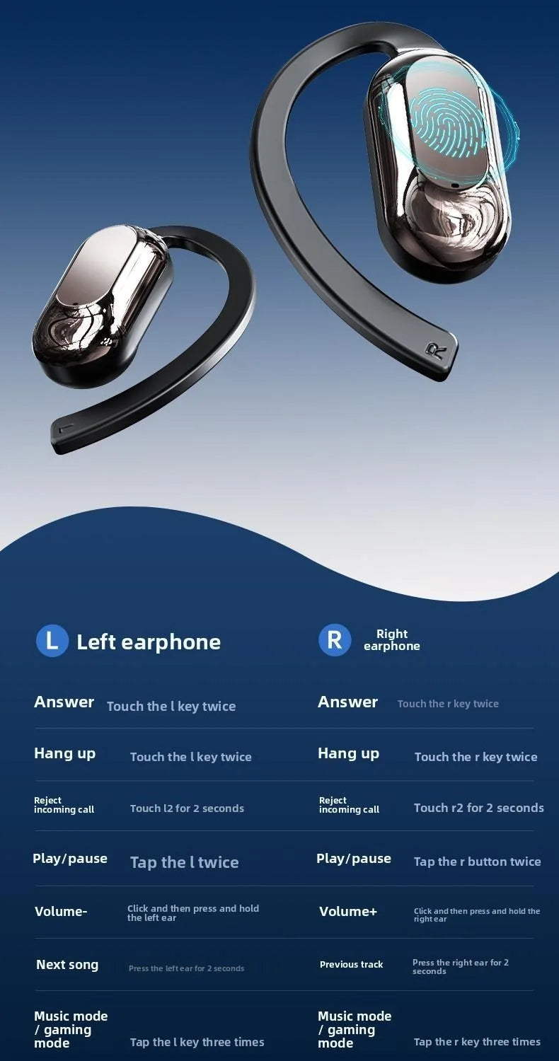 Bluetooth 5.3 Earphones True Wireless Headphones with Mic Button Control Noise Reduction Earhooks Waterproof Headset for Sports