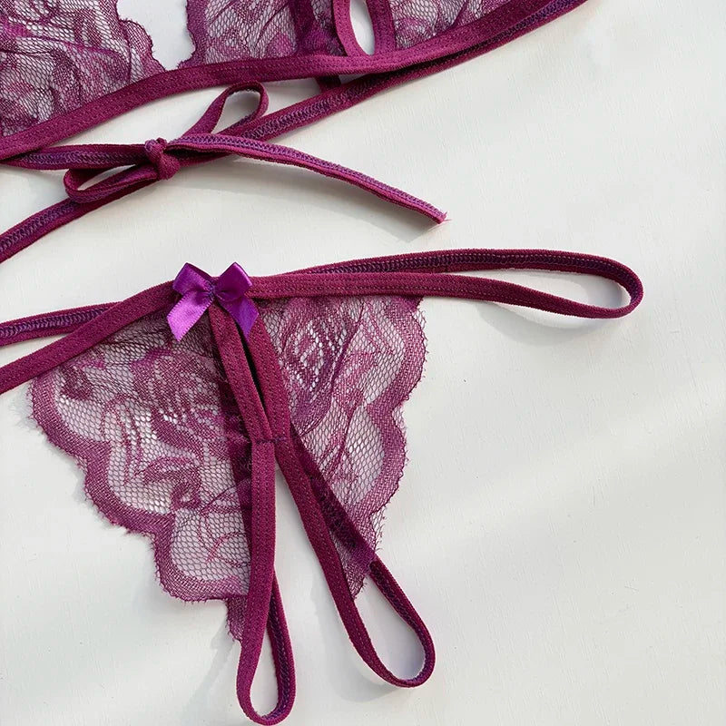 Sexy Lace-up Lingerie Set Women Hot Open Crotch Transparent Sexy Bra and Panty Sets Sex Temptation Erotic Couples Date Underwear
