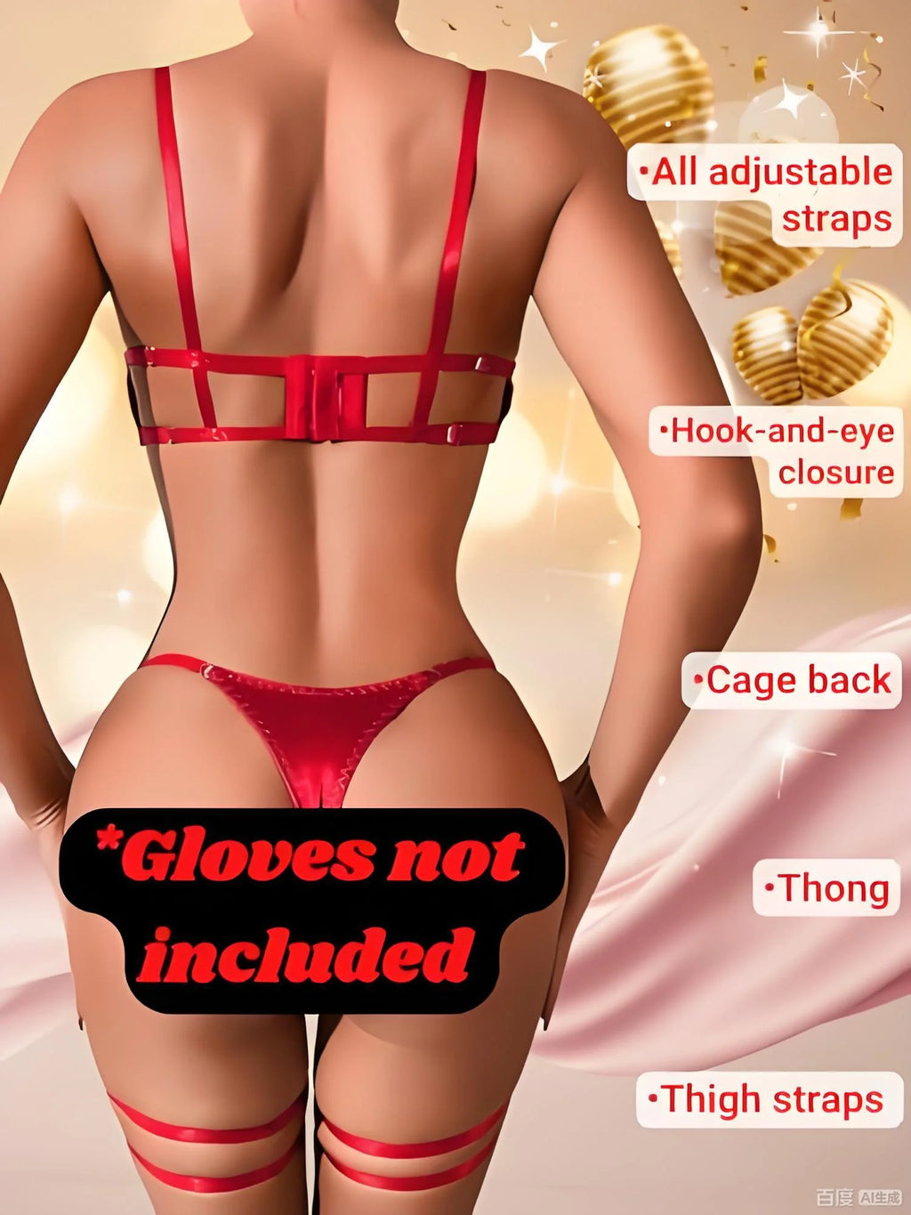 Women's 3 Piece Lingerie Set Sexy Hollow Out Satin Bow Tie Bra and Panty Set with Thigh Straps