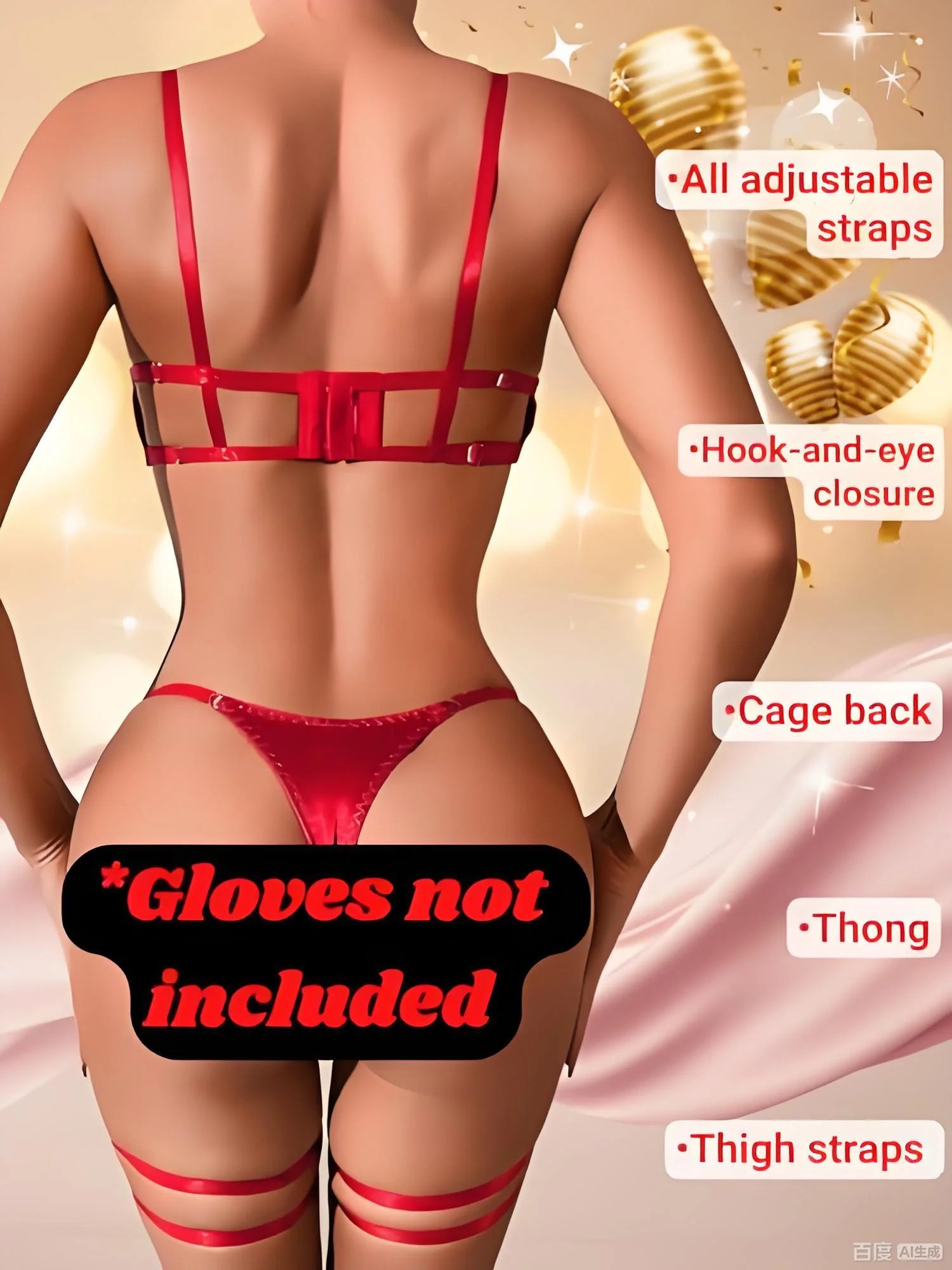 Women's 3 Piece Lingerie Set Sexy Hollow Out Satin Bow Tie Bra and Panty Set with Thigh Straps