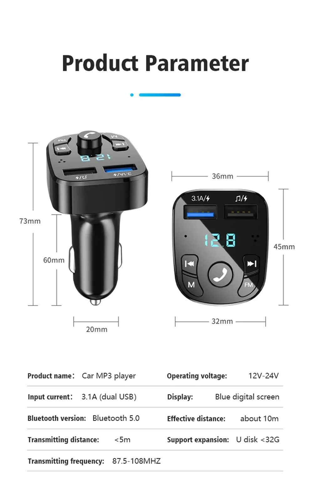 Bluetooth 5.0 Car Bluetooth Audio MP3 Player 3.1A Fast Charging Dual USB Car Charger Adapters Bluetooth FM Transmitter Receiver