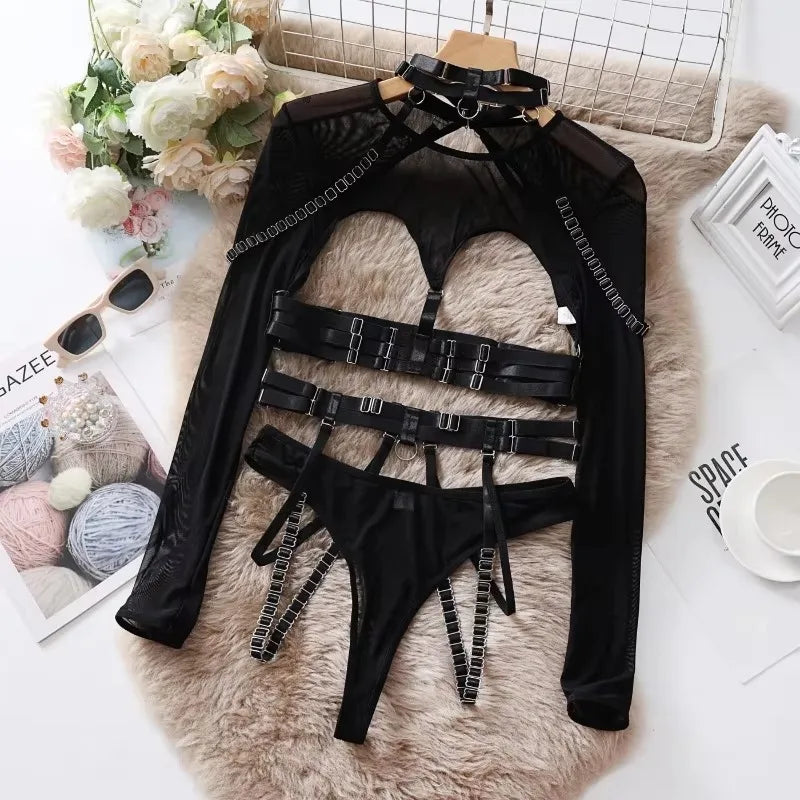 Lingeries Sexy Hot 4pcs Sexy Lingerie Sets Erotic Costumes Bandage Strap Blets Mesh Splicing Hollow Tee Tops Panty with Garter