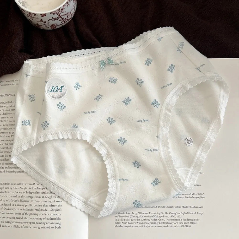 Lingerie Mid-waist Underwear for Women Bear Bow Sweet Floral Panties Underpants Grid Cotton Briefs Summer