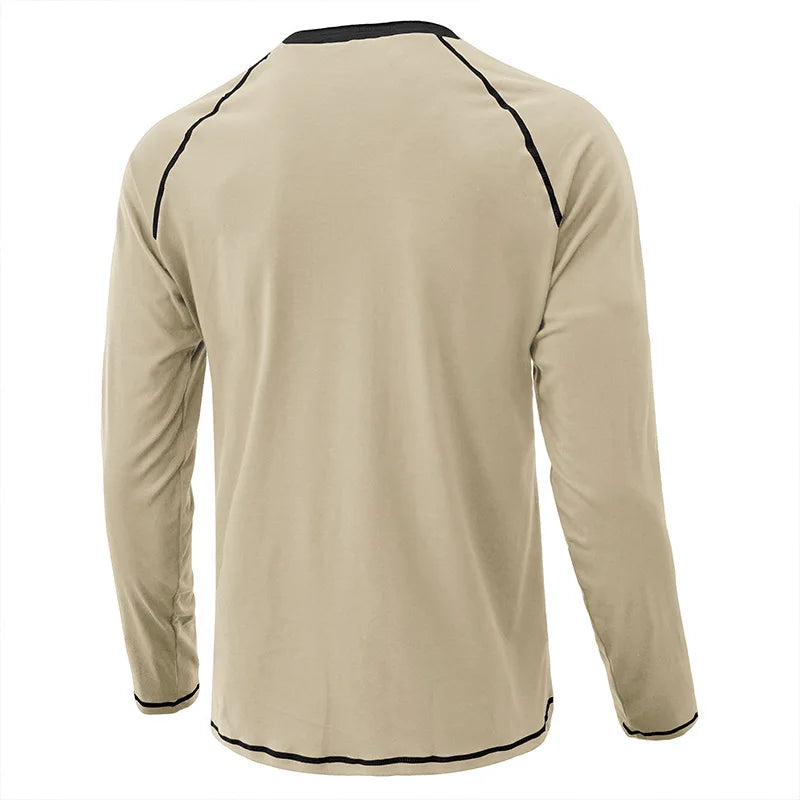 Summer  Autumn Men's American Heavy Cotton Henry Shirt  Long Sleeve Fitness Tough Guy T-Shirt Casual  T Shirt for Men Clothing