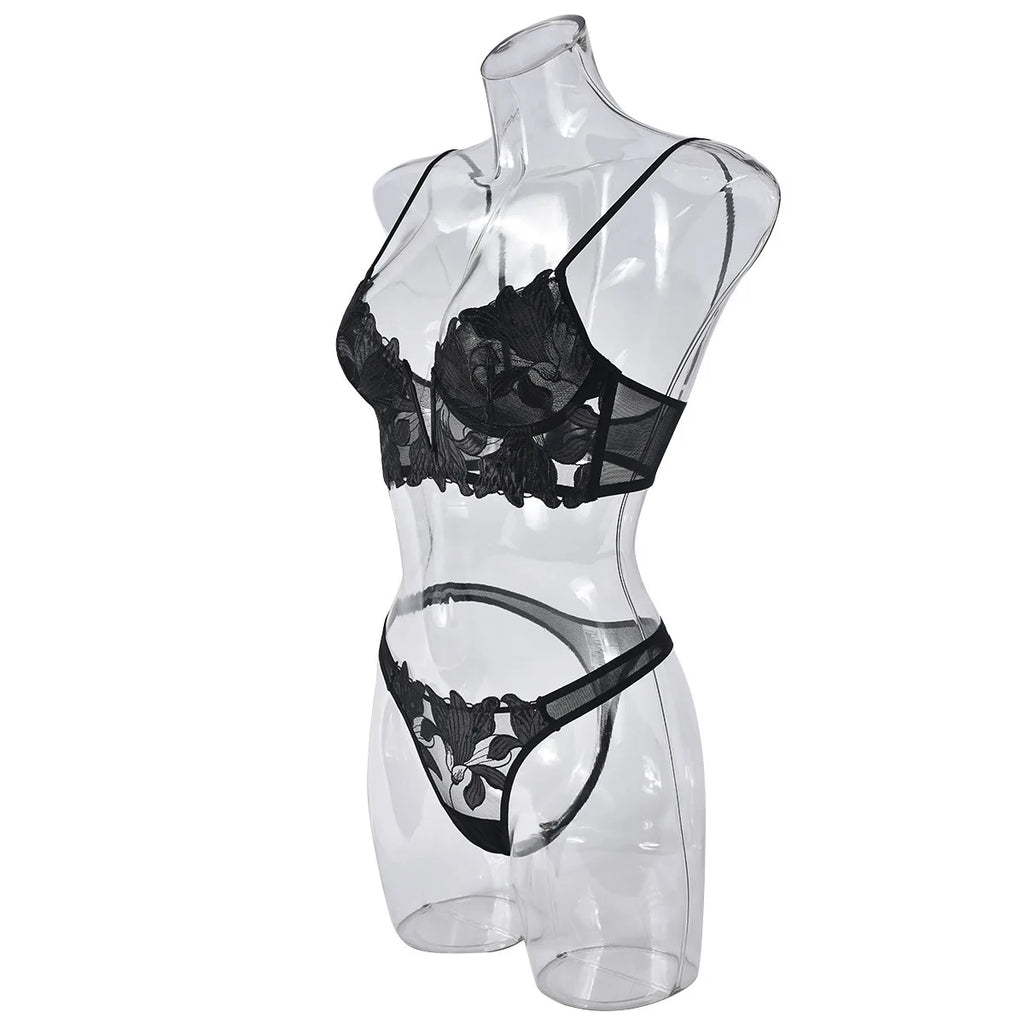Sexy French Deep V Embroidery Mesh Lingerie Set Autumn Women's Ultra-thin Lace Bra and Panty Set Female Solid See Though Bra