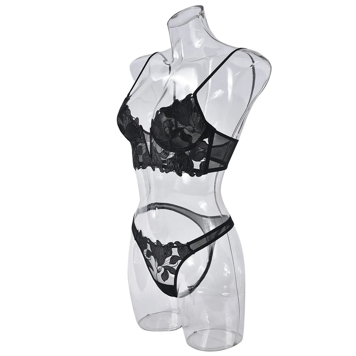 Sexy French Deep V Embroidery Mesh Lingerie Set Autumn Women's Ultra-thin Lace Bra and Panty Set Female Solid See Though Bra