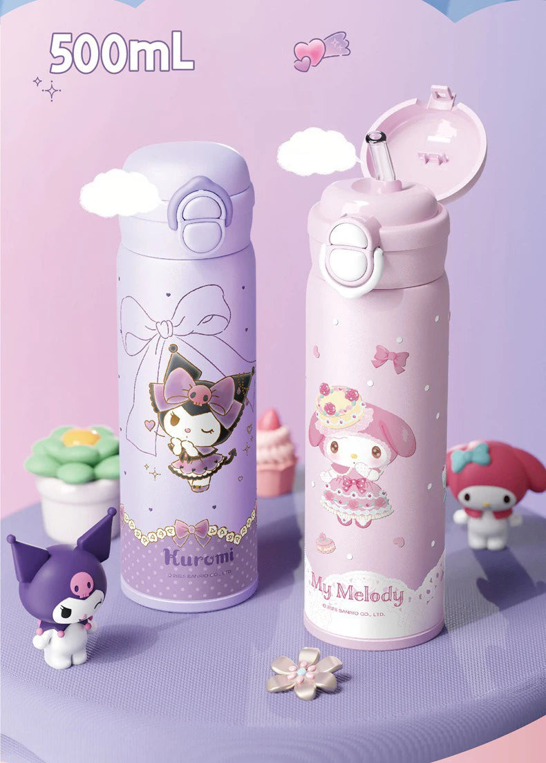 X&W Sanrio Thermal Cup Insulated Mug Kuromi Thermos Cups 316 Stainless Steel Double Drinking Straw Cup Portable Water Bottles