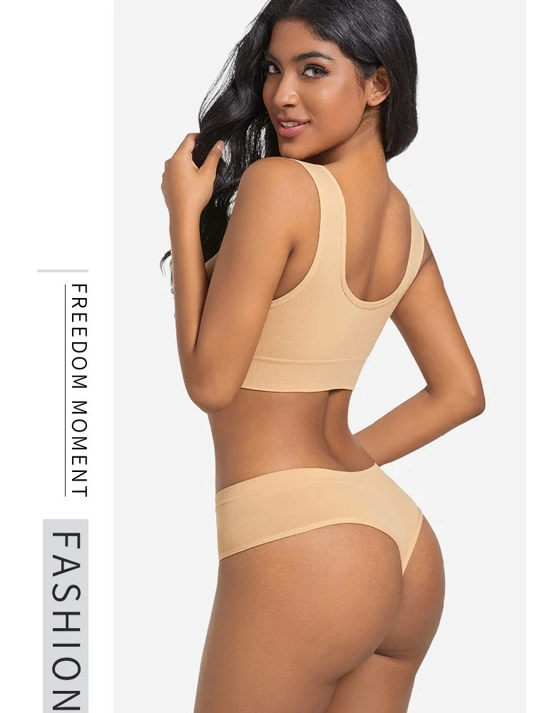 Women Everyday Bras Sets Wire Free Comfrotable Push up Bras and Thong Panties Set Two Pieces Underwear