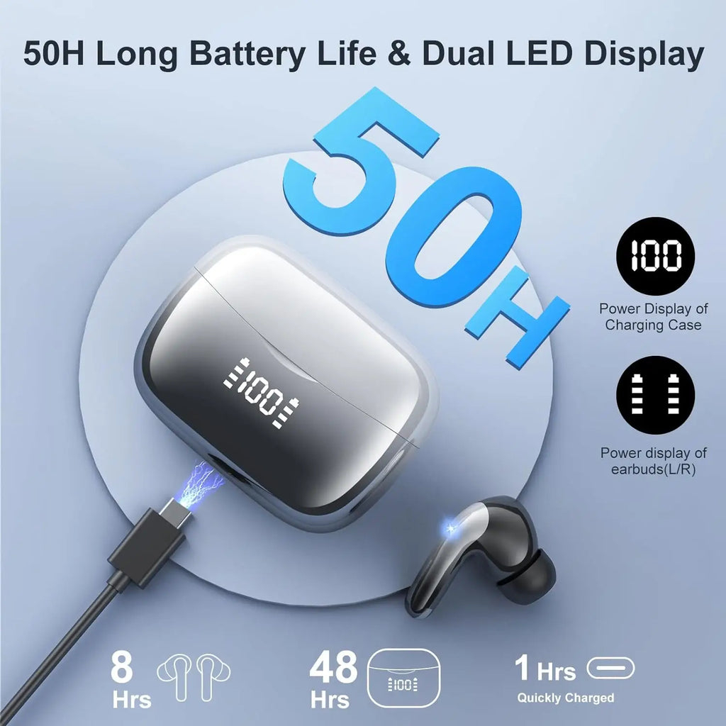 Bluetooth 5.3 Wireless Earbuds ENC Noise Cancelling Mic 50H Playtime Deep Bass Stereo Sound IP7 Waterproof LED Display Mini In-E