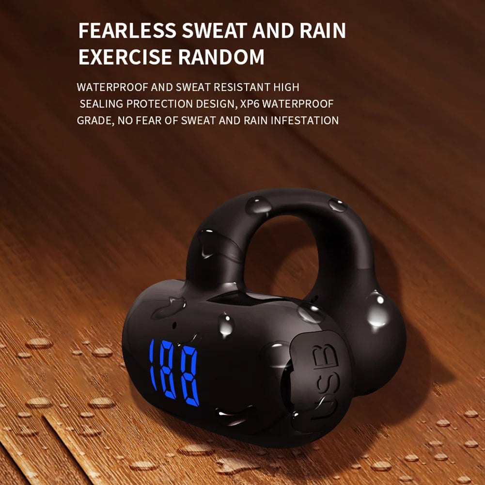 Bluetooth 5.3 Bone Conduction Open Earclips Wireless Non in Ear Digital Display IPX6 Waterproof Sports Single Earbuds with Mic