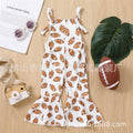 Summer Children Girls Rugby Printed Suspender Fashionable Flared Pants Kids Backless  Jumpsuit