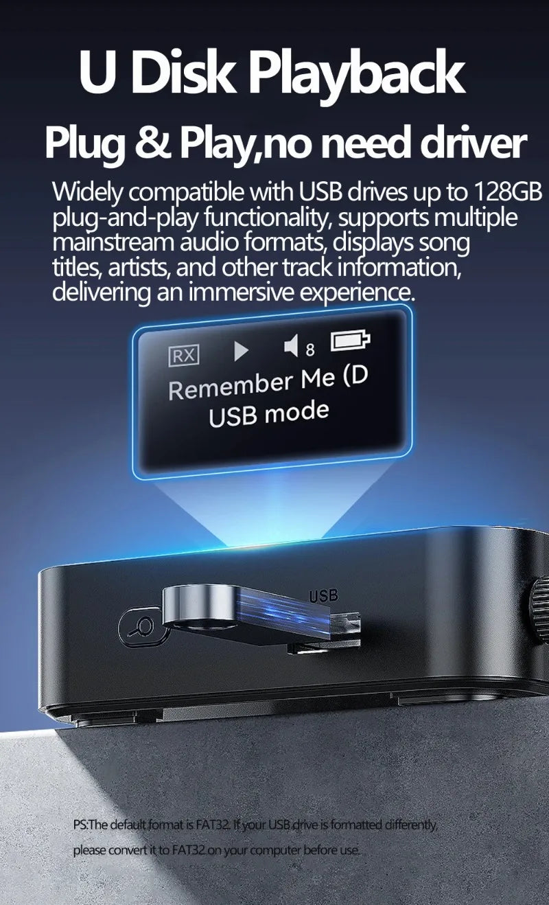 Bluetooth 6.0/5.2 Audio Receiver Transmitter with OLCD Digital Display USB Flash Drive & Wireless Music Playback Optical Output