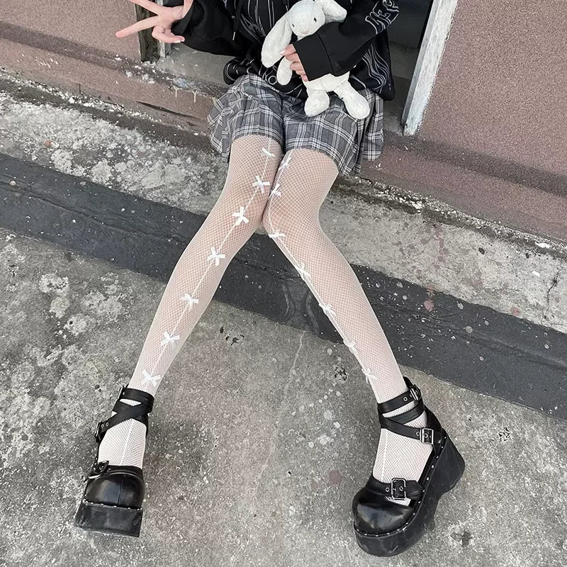 Lingerie Sexy Lace Mesh Fishnet Thigh High Stockings Women Cute Bow Sweet Girls Kawaii Pantyhose summer cosplay lolita Tights