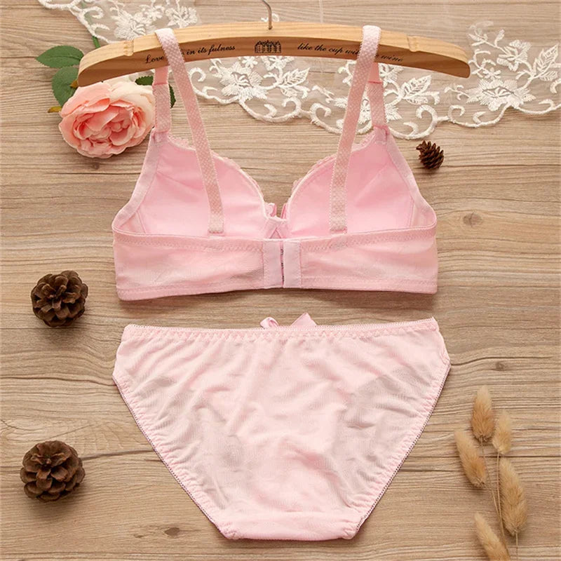 2pcs/set Solid Color Lace Bow Sexy No Steel Rings Comfortable Girls Bra Gather Adjustable Bra Panties Set Teen Underwear Puberty