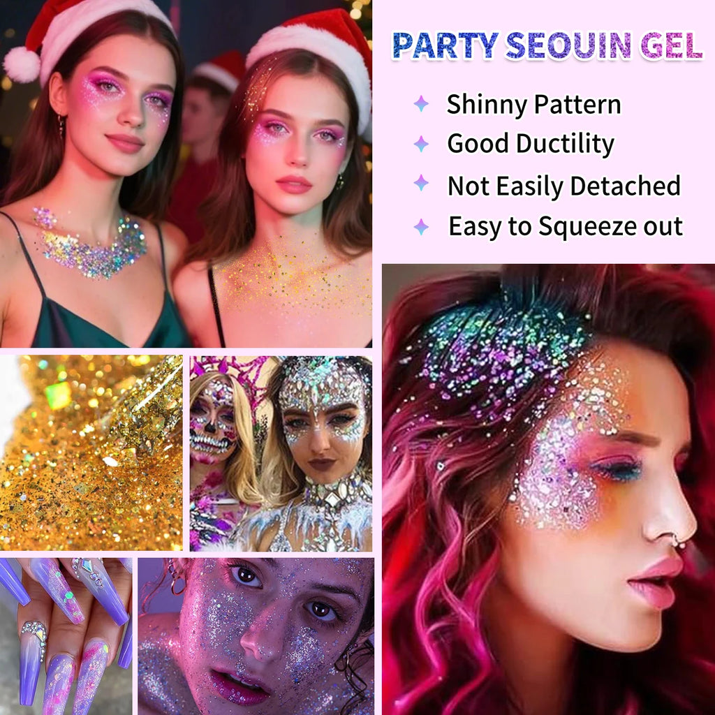 10 piece body glitter gel, carnival face glitter cosmetics suitable for women, shiny thick hair glitter, carnival accessories fo