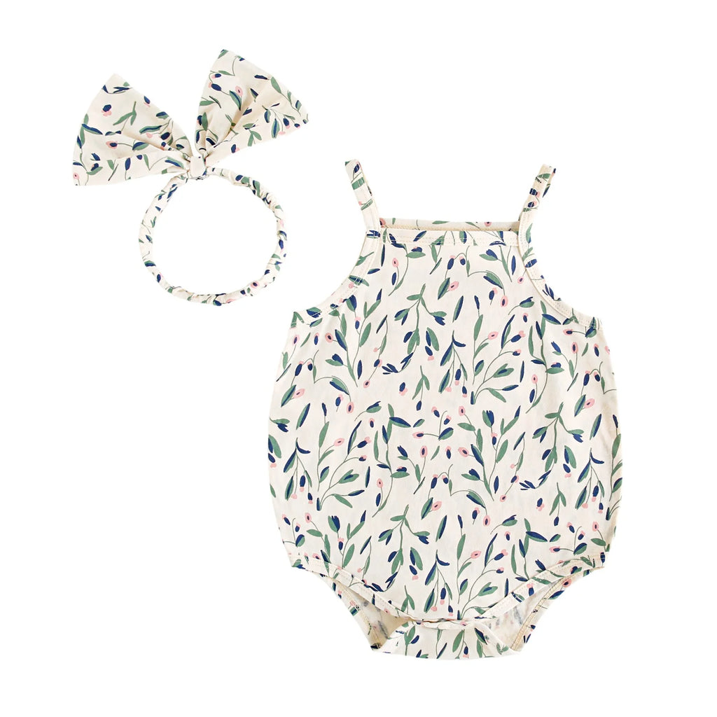 Summer Baby Girls Bodysuits Sweet  Infants Flower Onesies with Headband Cute