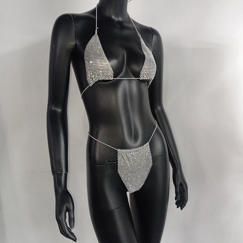 Bling Rhinestones Bra Panty Set Women Sexy Halter Bra Sexy Panty Two Piece Set Summer Beach Outfits Party Club Matching Sets