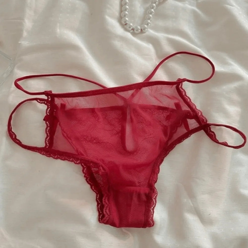 Lingerie Bow Lace Flower Panties Transparent Hollow Lace Mesh Briefs Low Waist Thin Strap Women Underwear Girl