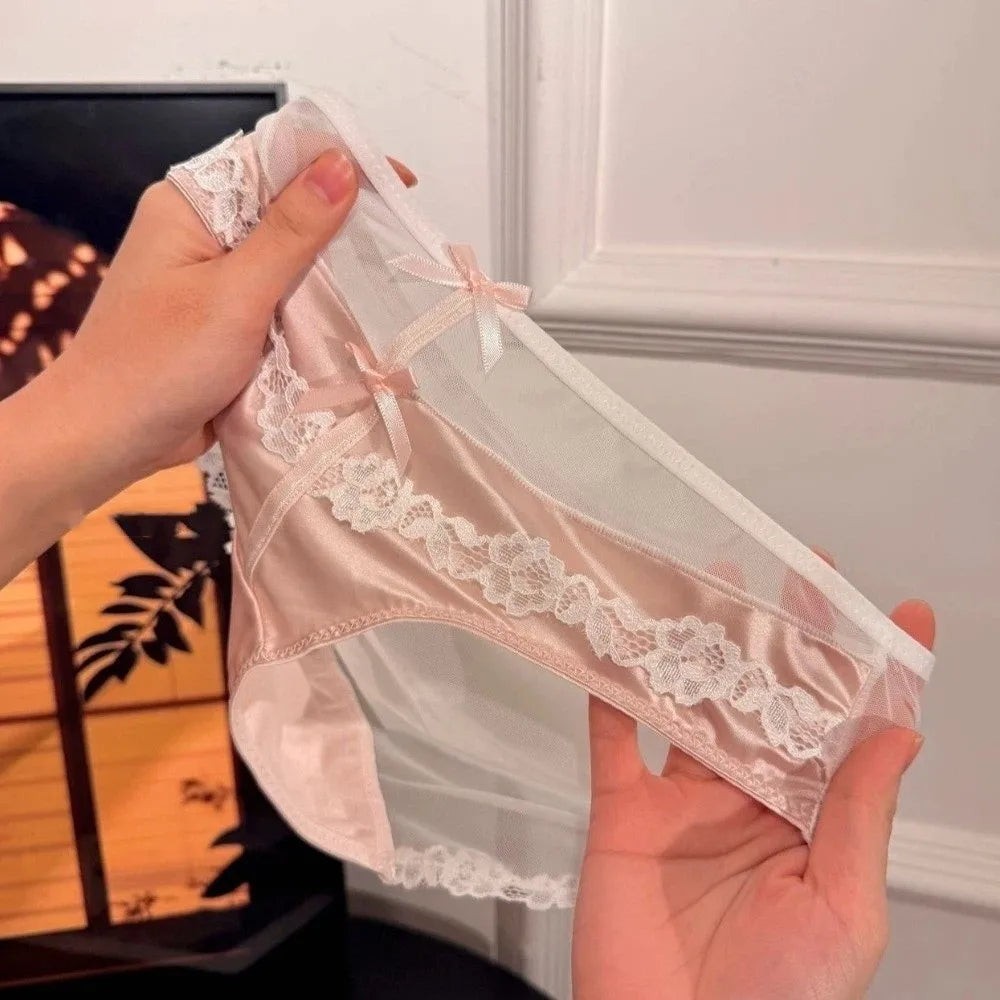 Lingerie Bow Lace Flower Panties Seamless Transparent Underwear for Women Patchwork Mid Waist Mesh Lace Briefs Girl