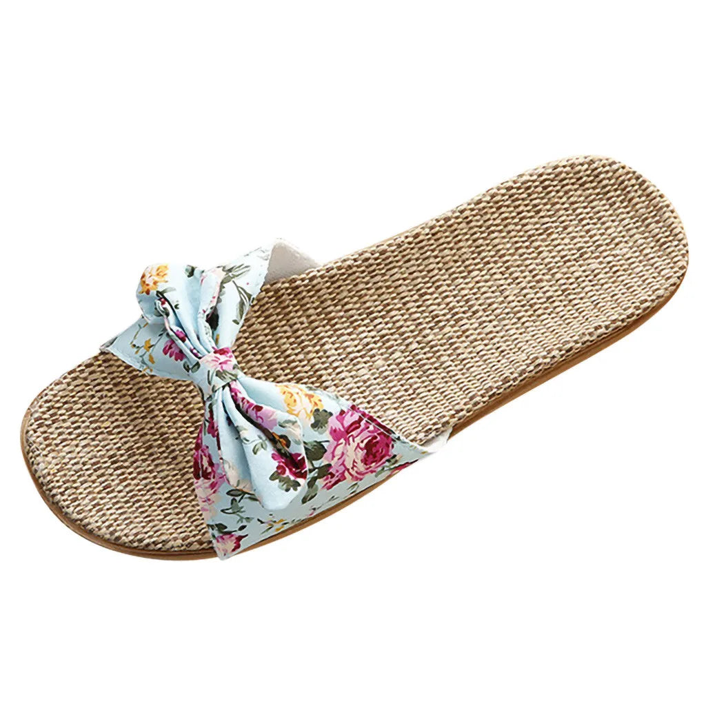 Shoes For Woman Sandalias Mujer Women Female Bowknot Flax Linen Flip Flops Beach Shoes Sandals Slipper Chaussures Femme